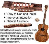 when you guitar intonation is sharp or flat more acoustic guitar compensation is needed at the bridge. The solution is the split saddled compensated acoustic guitar bridge for perfect intonation 