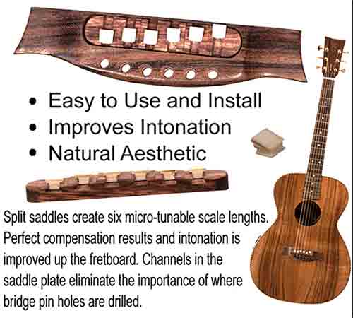 when you guitar intonation is sharp or flat more acoustic guitar compensation is needed at the bridge. The solution is the split saddled compensated acoustic guitar bridge for perfect intonation 